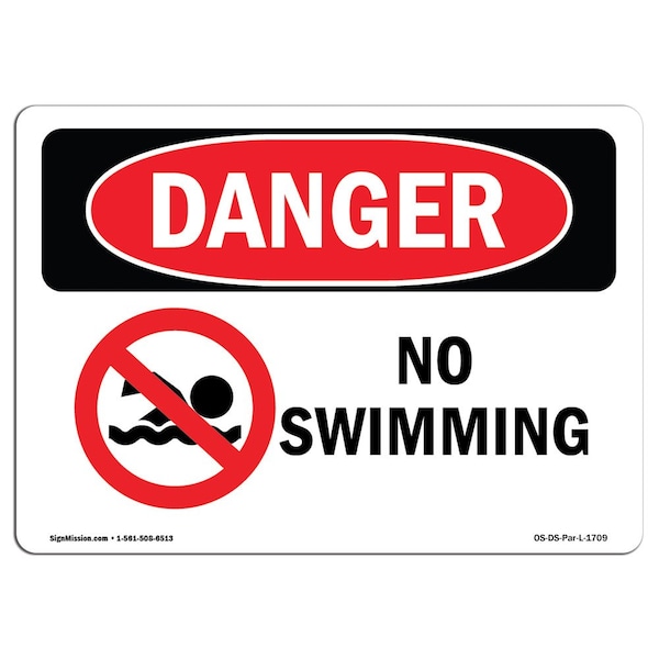 Safety Sign, OSHA Danger, 3.5" Height, No Swimming, Landscape, 10PK